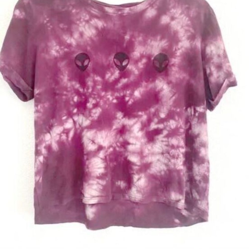 A.lab  Womens Alien Crop Tee Purple Tie Dye Soft Short Sleeve Cotton Blend
